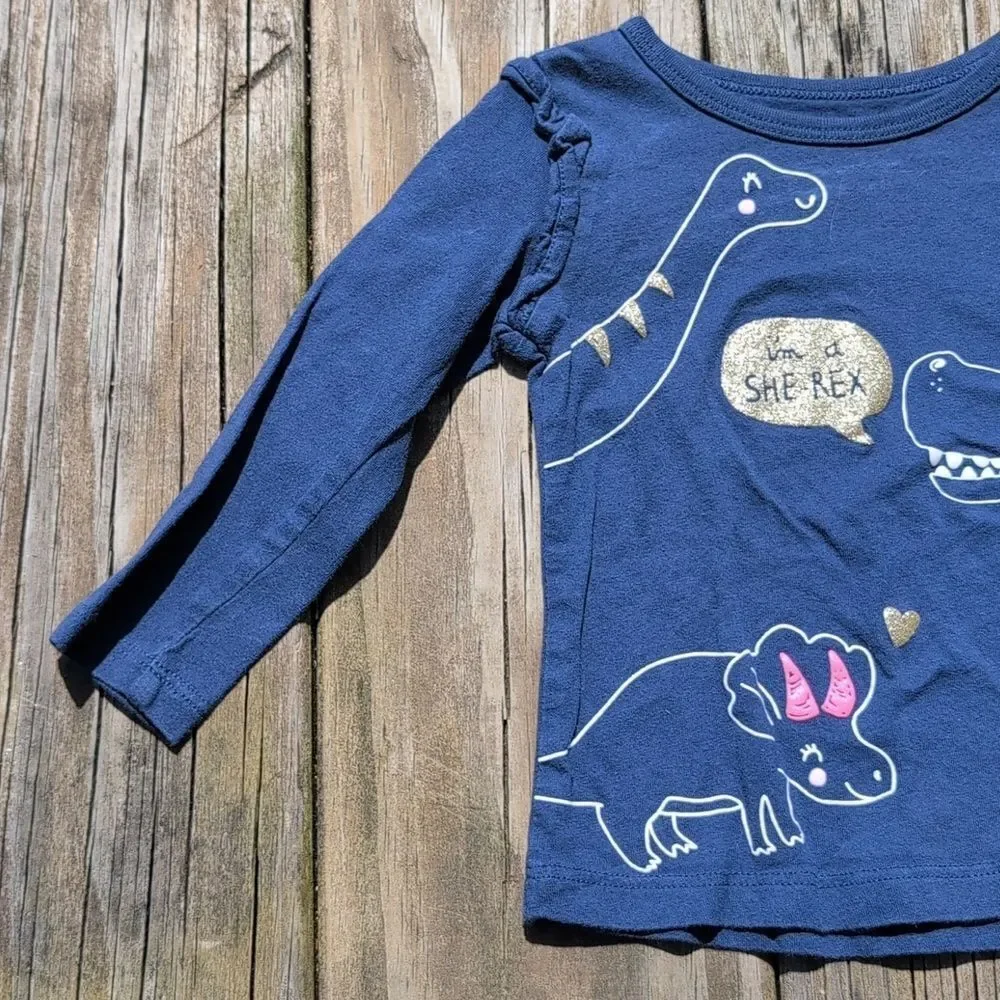 Carter's 18 Month Girls Blue Long Sleeve Gold Glitter She Rex Tee Shirt - Picture 2 of 8